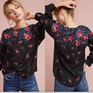 Clearance! ANTHROPOLOGIE Maeve Gardenia Top Black Floral Boatneck Linen Blend S